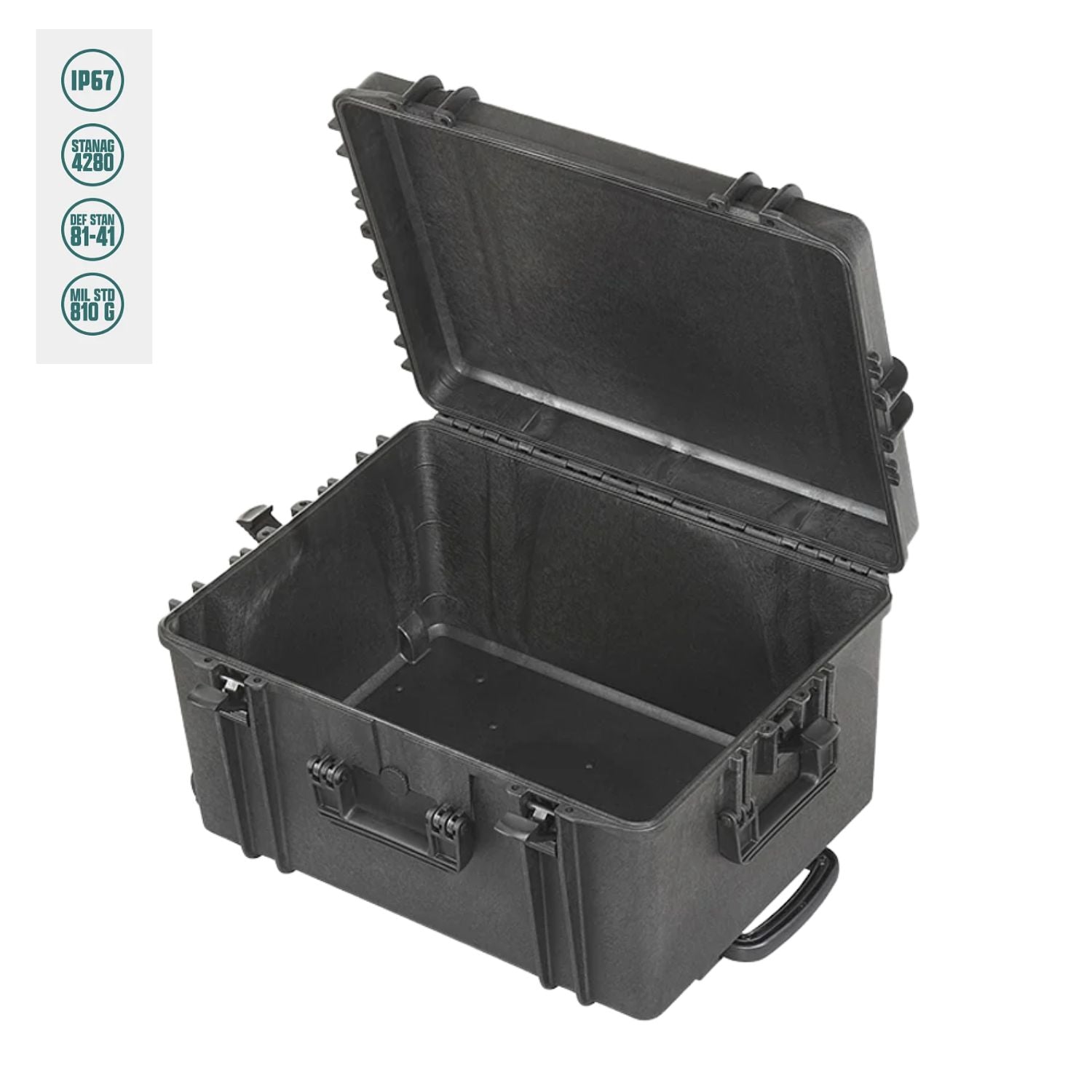 Black waterproof hard case with open lid and foam-lined interior